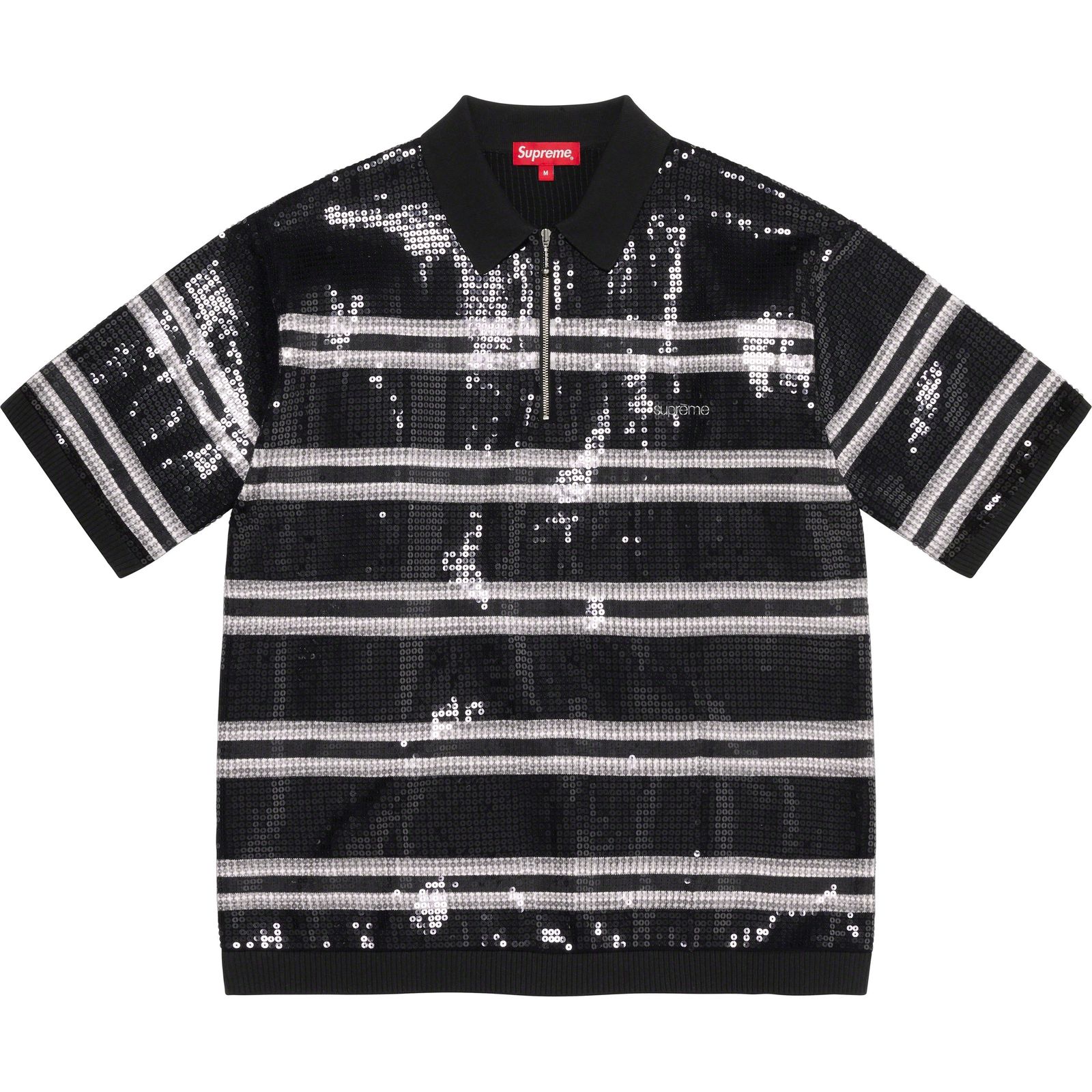 Sequin Stripe Zip Polo