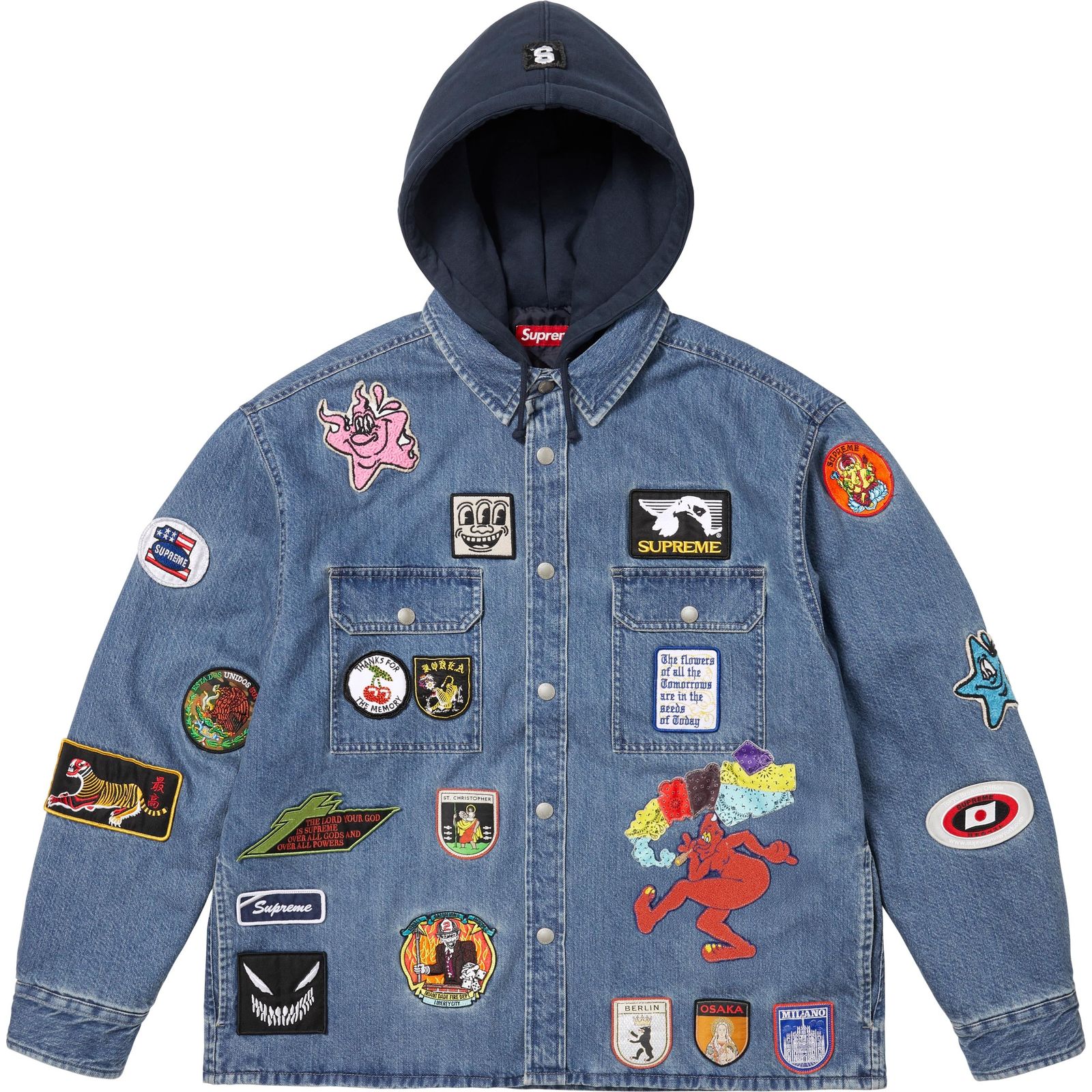 Patches Hooded Zip Up Shirt