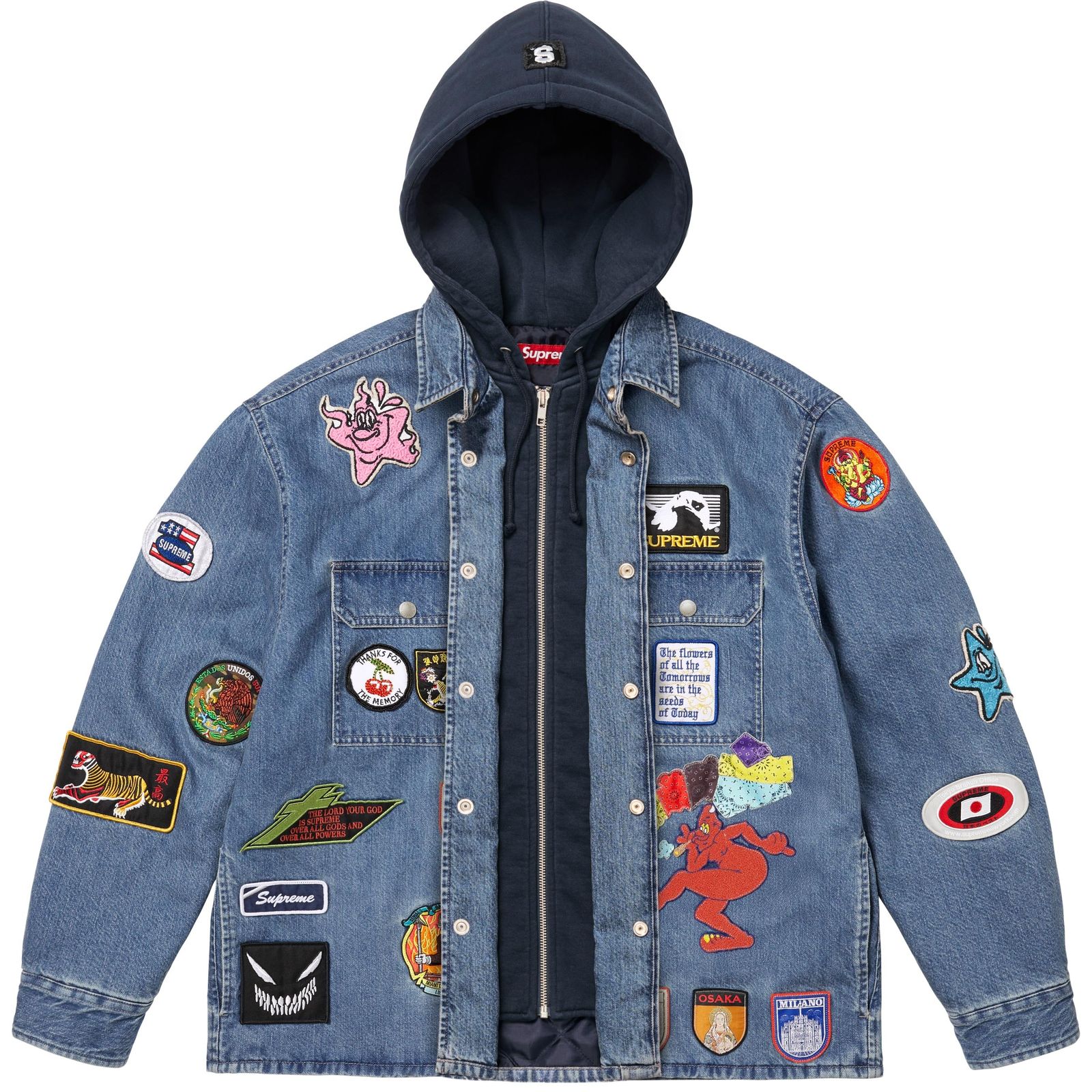 Patches Hooded Zip Up Shirt