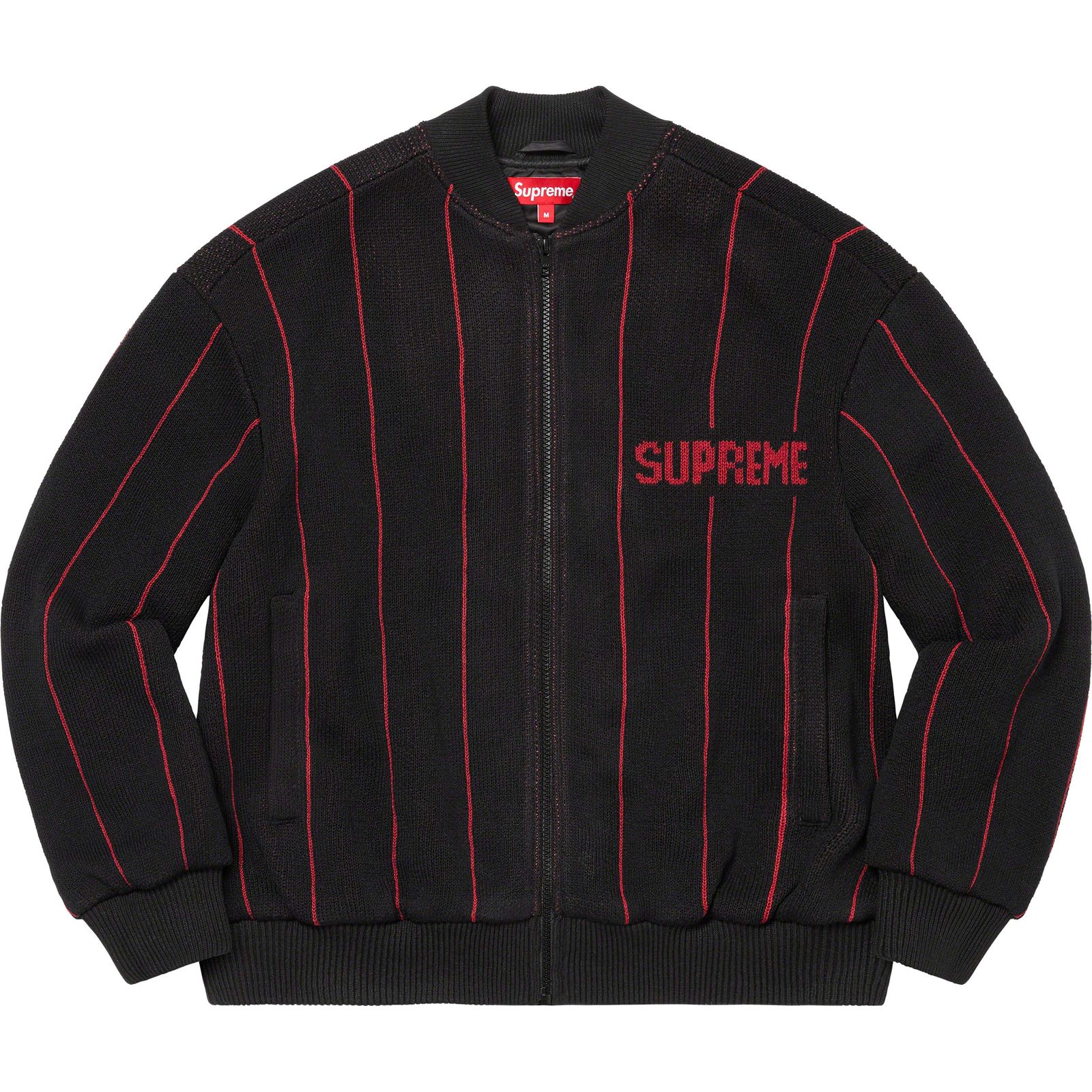 Pinstripe Varsity Zip Up Sweater