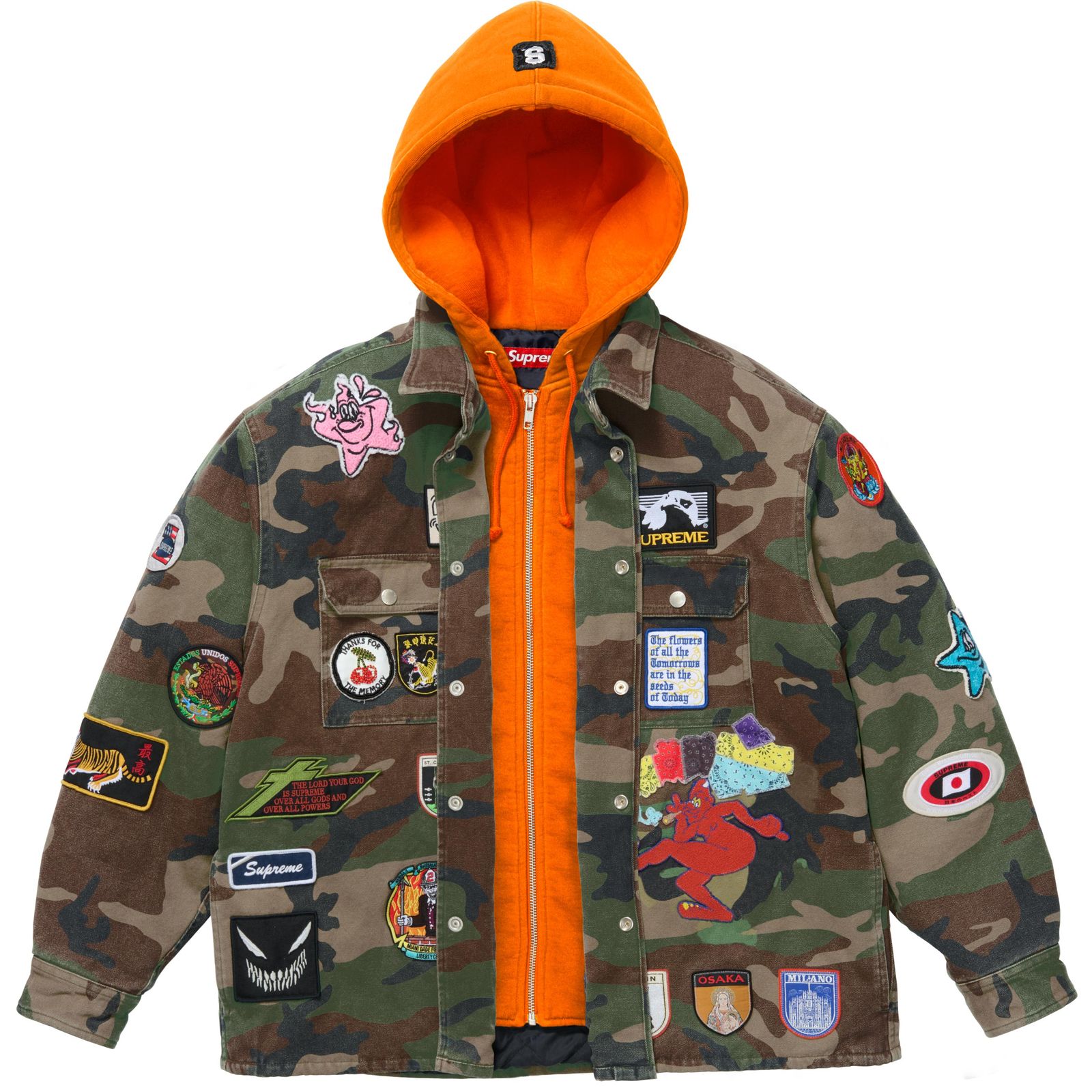 Patches Hooded Zip Up Shirt