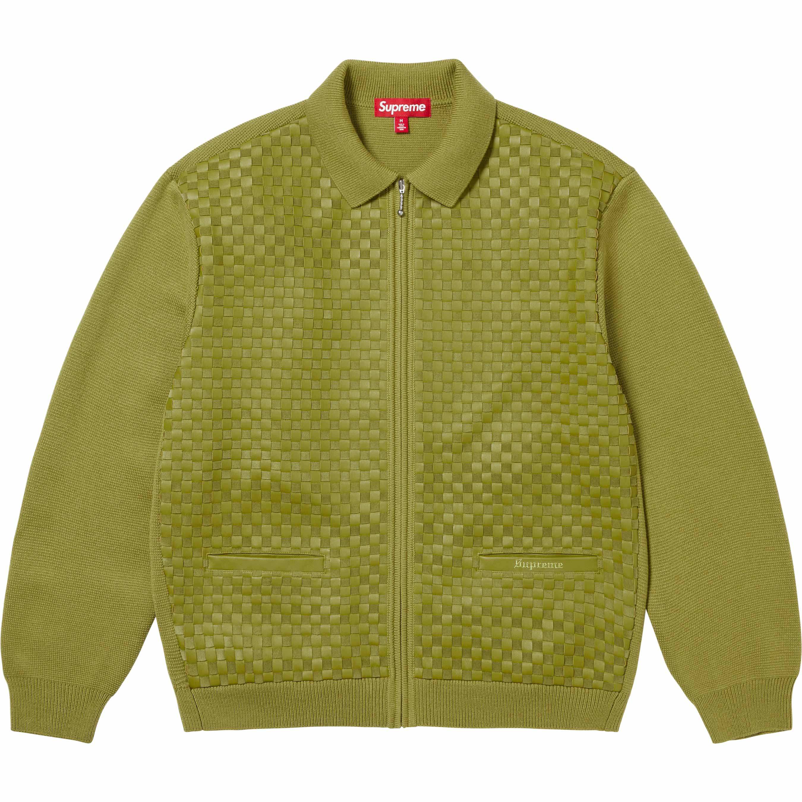 Woven Leather Zip Up Cardigan