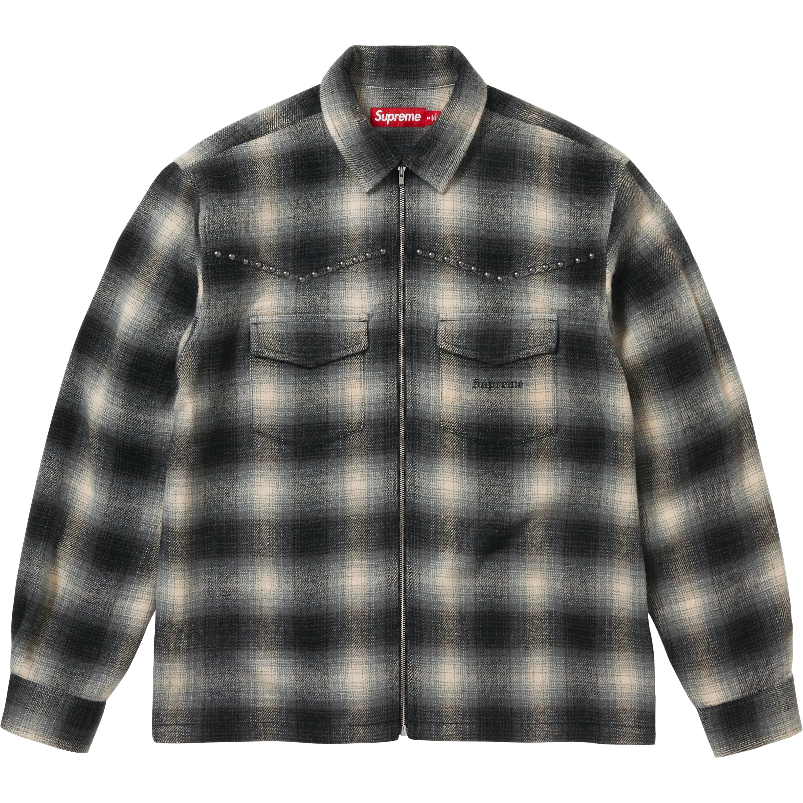 Studded Shadow Plaid Zip Up Shirt