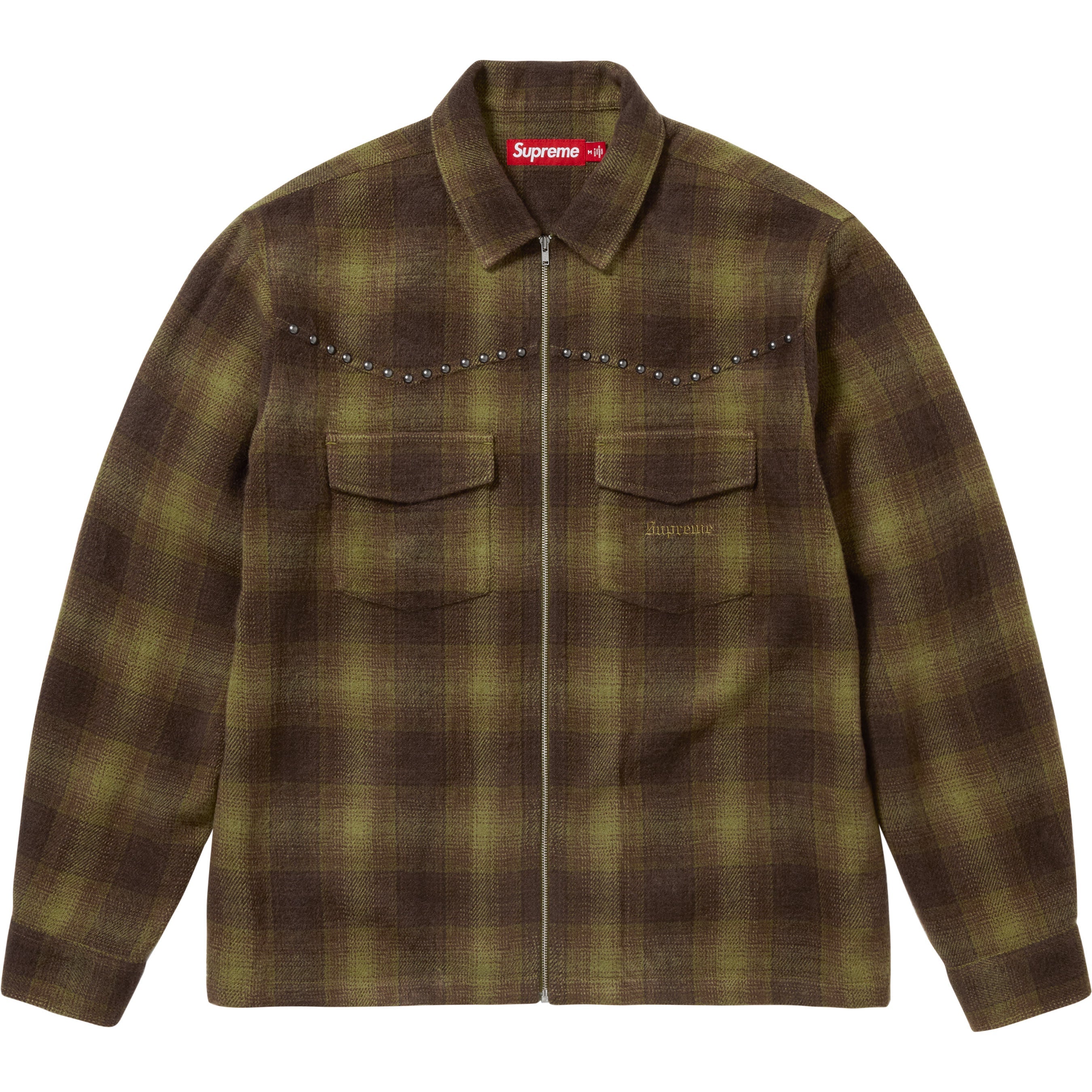 Studded Shadow Plaid Zip Up Shirt