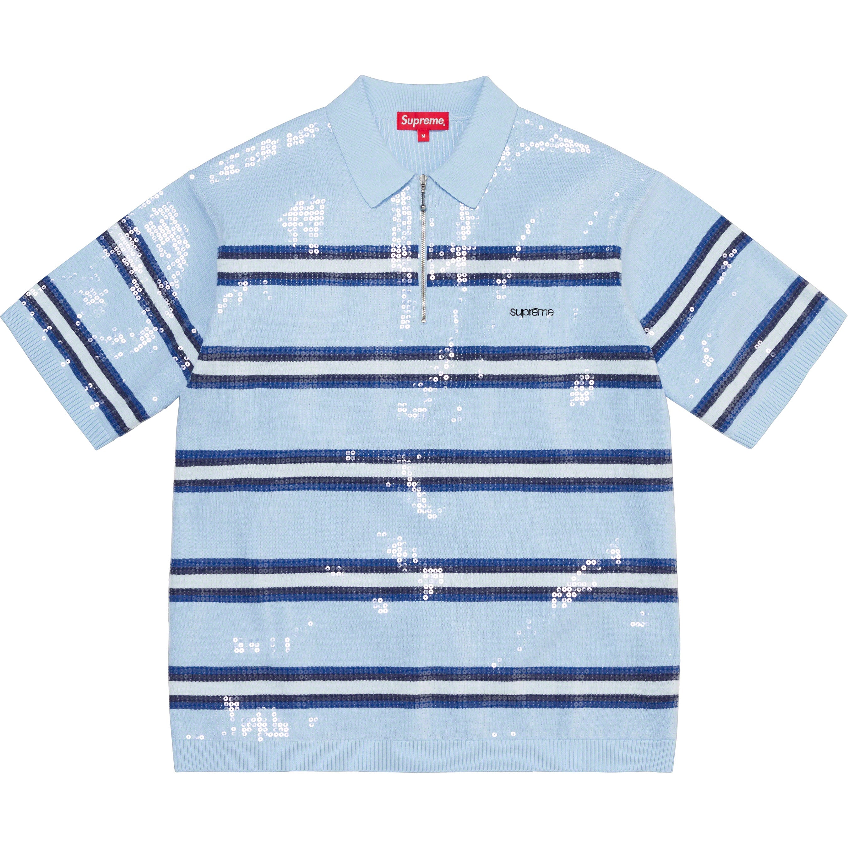 Sequin Stripe Zip Polo