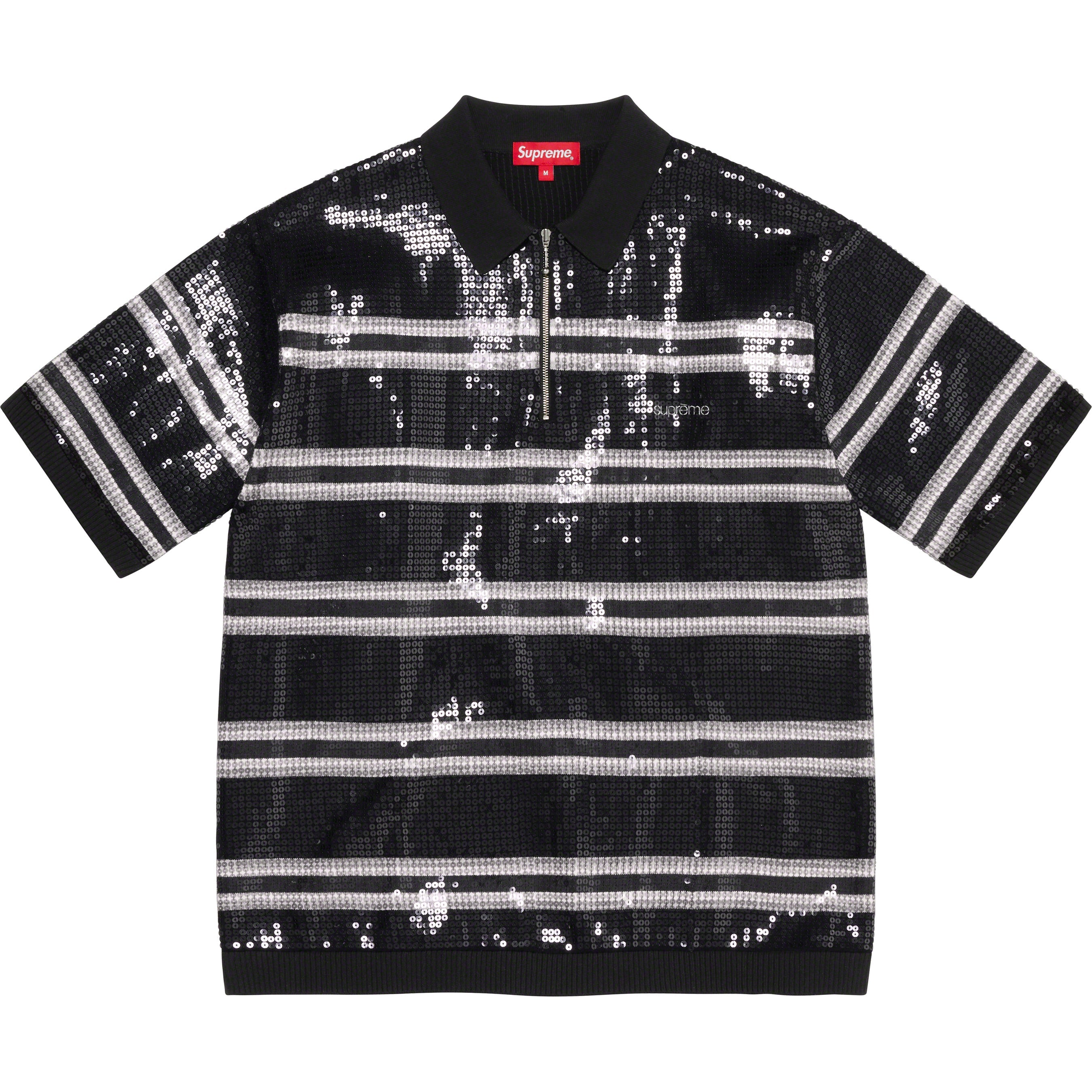 Sequin Stripe Zip Polo