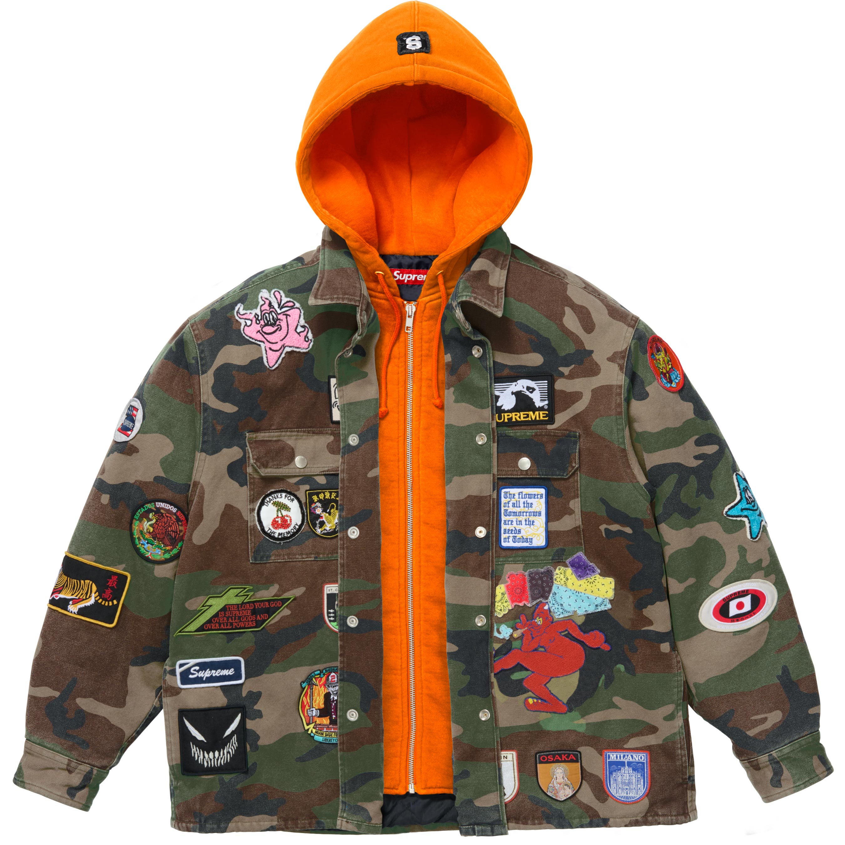 Patches Hooded Zip Up Shirt