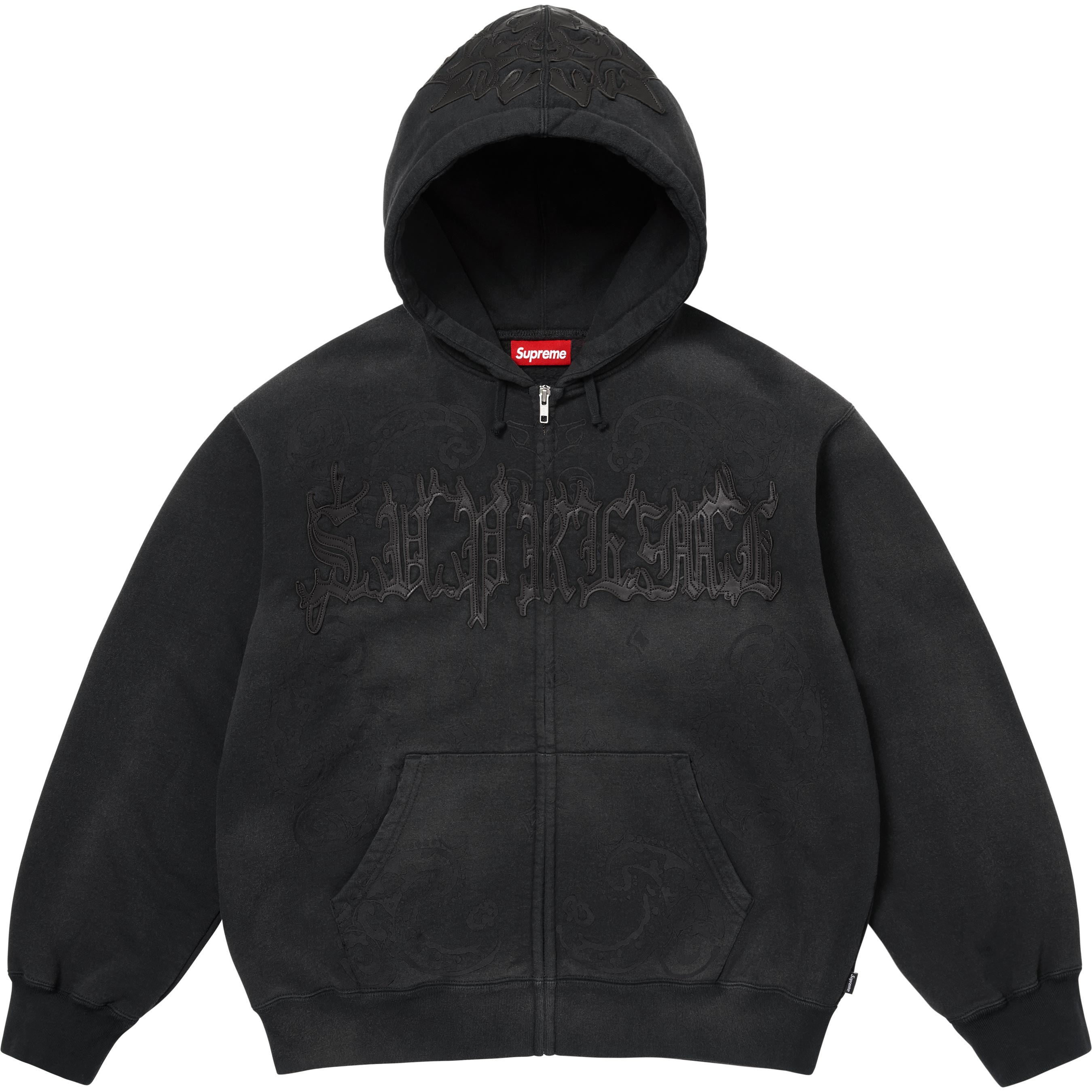 Leather Appliqué Zip Up Hooded Sweatshirt