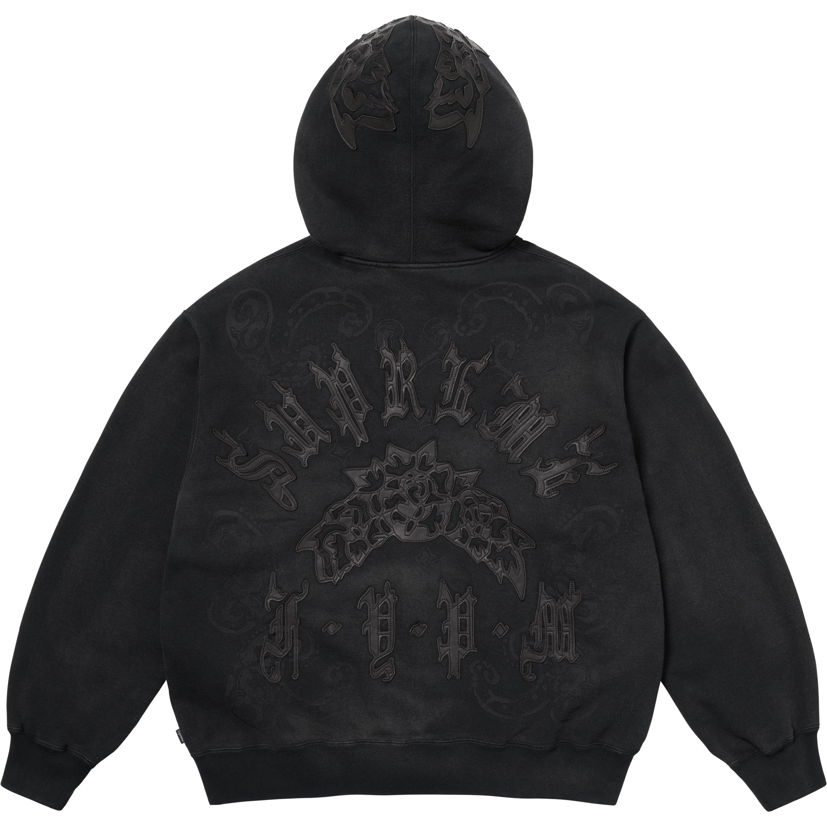 Leather Appliqué Zip Up Hooded Sweatshirt