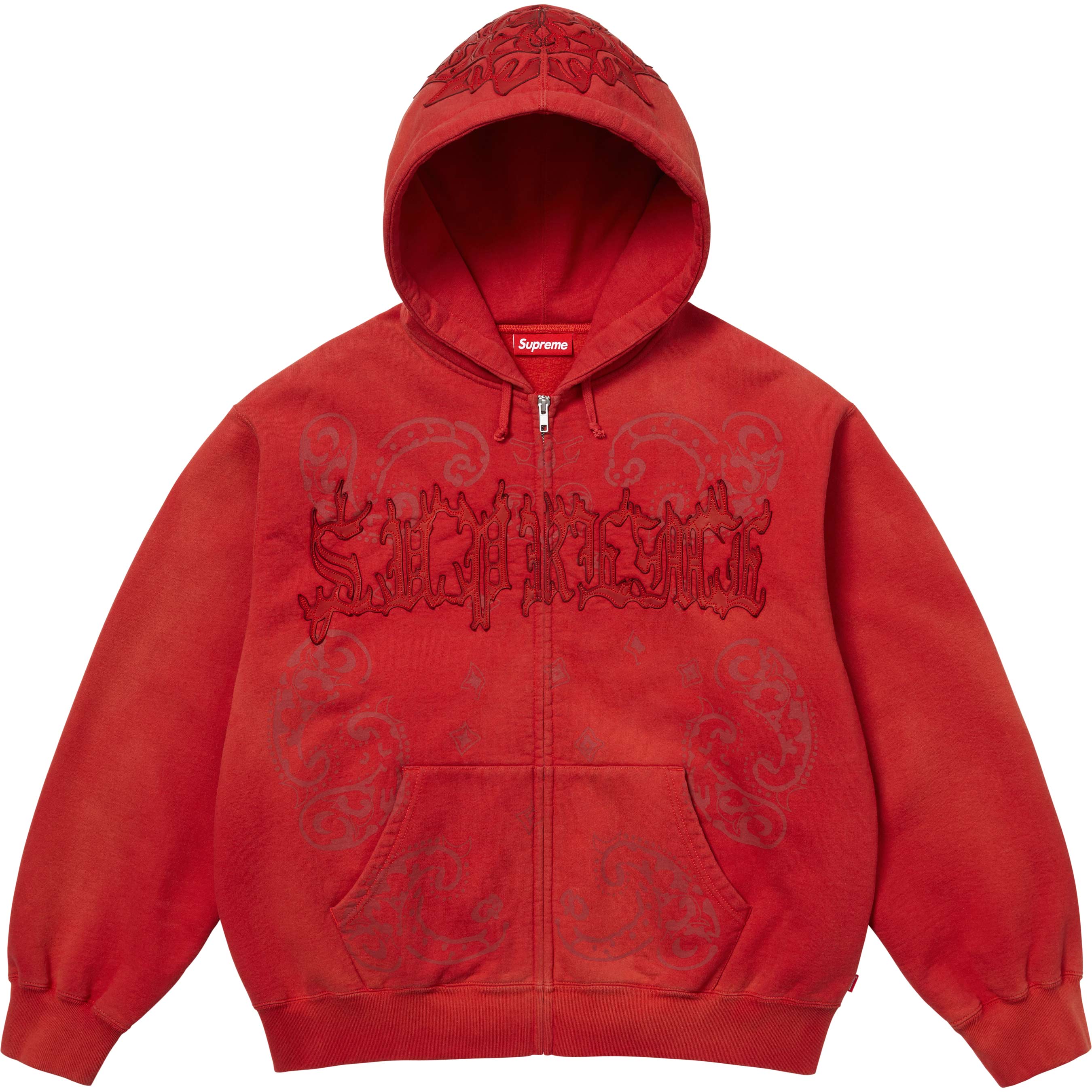 Leather Appliqué Zip Up Hooded Sweatshirt